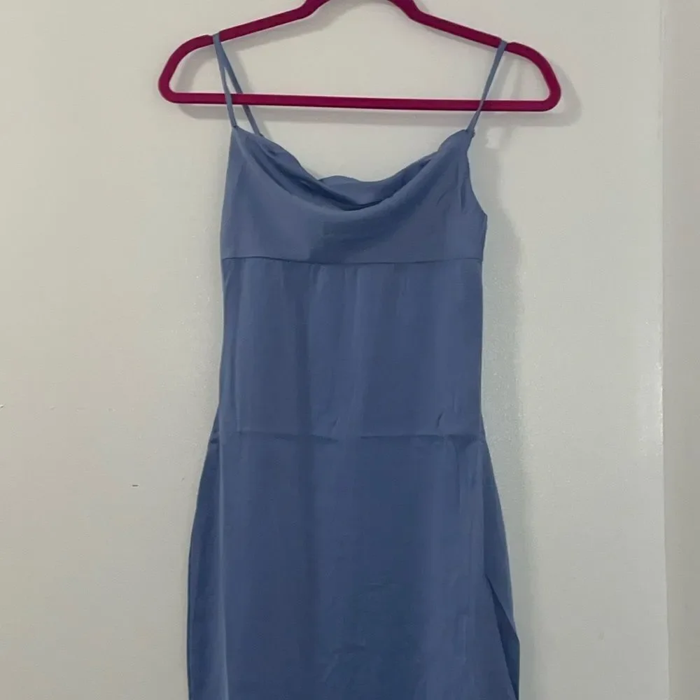 NWT Weworewhat slate blue satin charmeuse slip cowl midi dress spaghetti straps - Picture 4 of 14